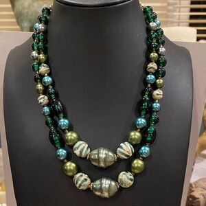 Japan Chic Beaded Necklace with Green Art Glass Accents